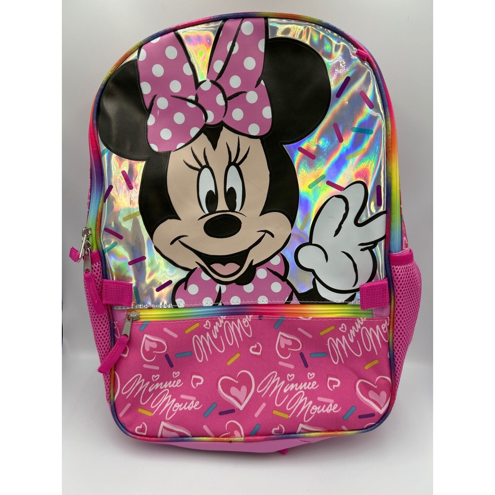 Kids Minnie Mouse Backpack Rainbow Holographic Front Pocket‎ Sparkle Pink